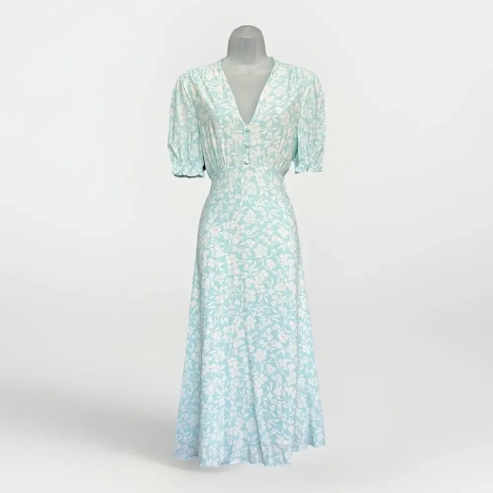 Hobbs London Helen Dress Size 6 (UK 10) Floral Midi Blue Ivory V-Neck Regency - Picture 1 of 12
